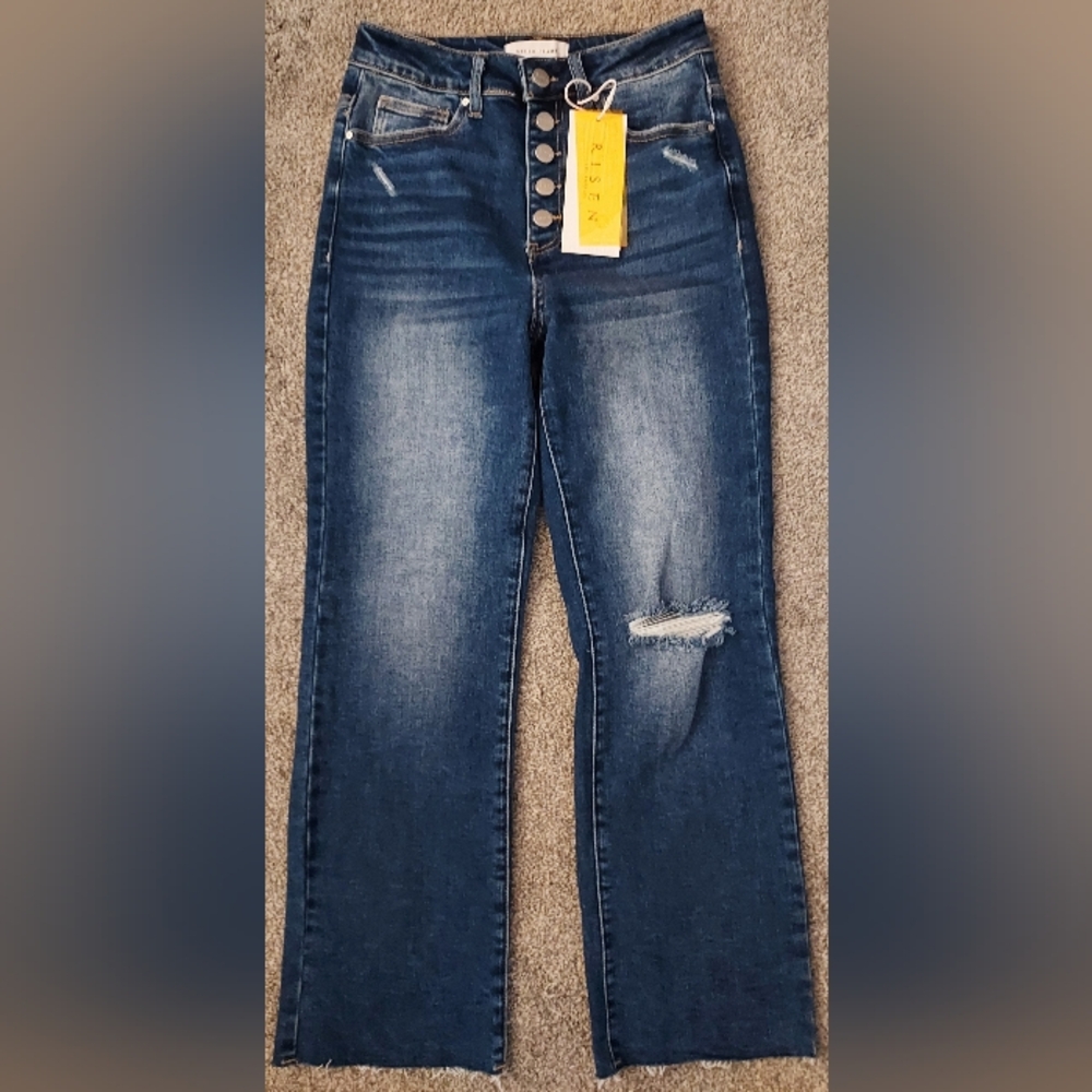 NWT Risen Los Angeles High Rise Ankle Wide Leg Jeans 5/27 Dark Wash Distressed
